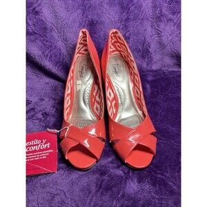 Dexflex Comfort Coral Pink Patent Espadrille Wedge Peep Toe Barbiecore Size 8